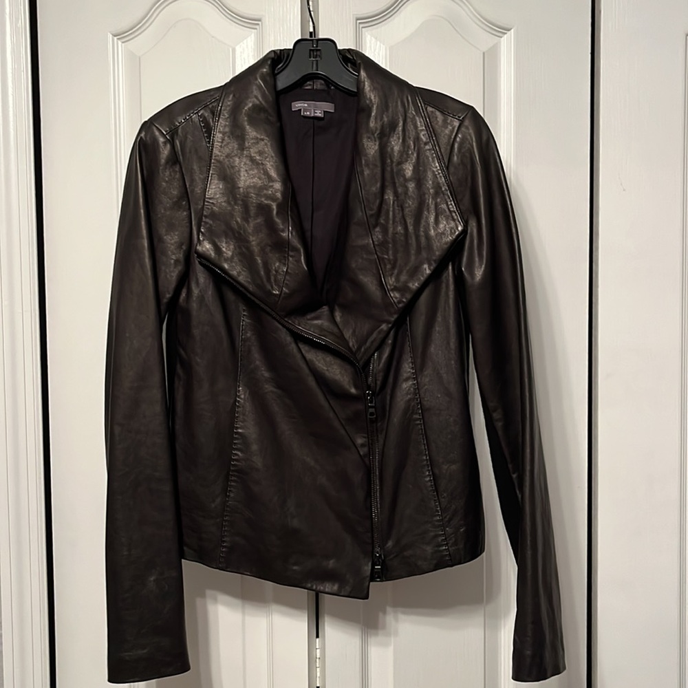 Vince Black Lambskin Leather Jacket Moto Zipped Mixed Media - Picture 2 of 8